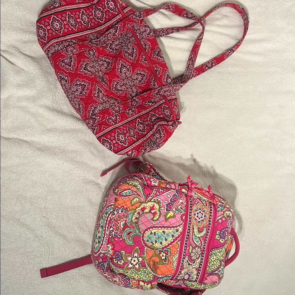 Red and Pink Vera Bradley Women's book Bag with laptop pocket and weekender bag